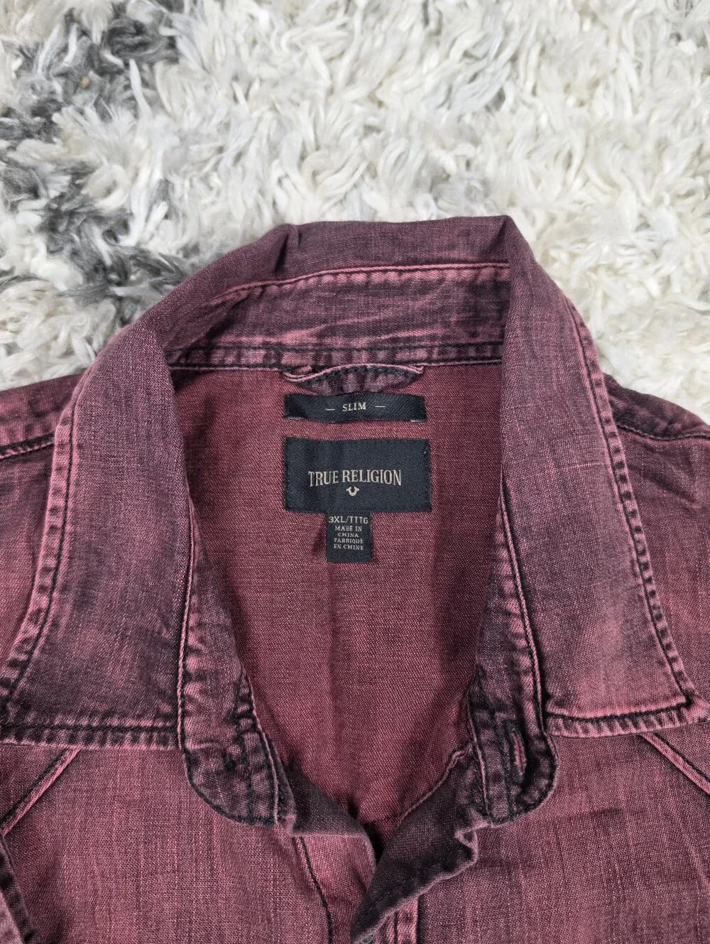 True Religion Western Shirt Mens 3XL Slim Maroon Burgundy Denim Long Sleeve